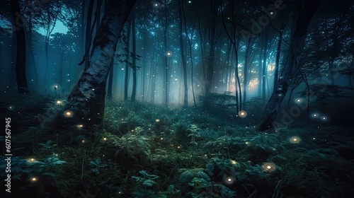 Foto fireflies in night forest