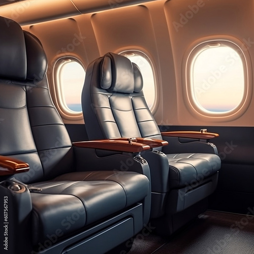 First Class Travel: Luxury Seats for Corporate and Vacation Airplane Trips, generative AI © Ash