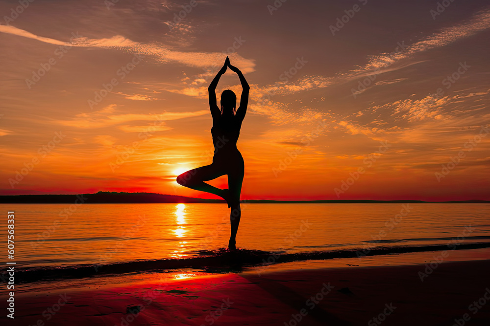 woman practicing yoga at a beach during sunset, generative ai illustration