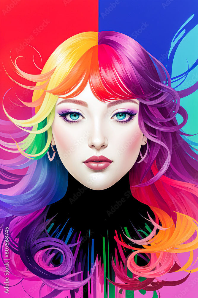 A beautiful portrait of a woman with colorful rainbow hair and stylish makeup. Generative AI.
