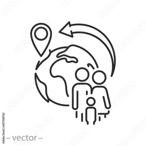 family migration icon, population displacement forced, international emigrants group, thin line symbol - editable stroke vector illustration