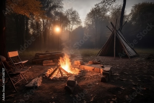 Cozy Outdoor Gathering: Captivating Bonfire with Firewood, Chairs, and Tents