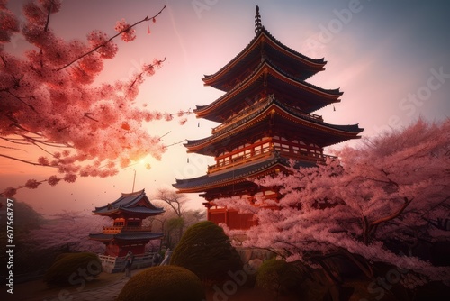 Beautiful Japanese temple with pink cherry blossom trees 