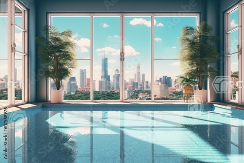 stock photo of swimming pool on the apartment lake view photography Generative AI