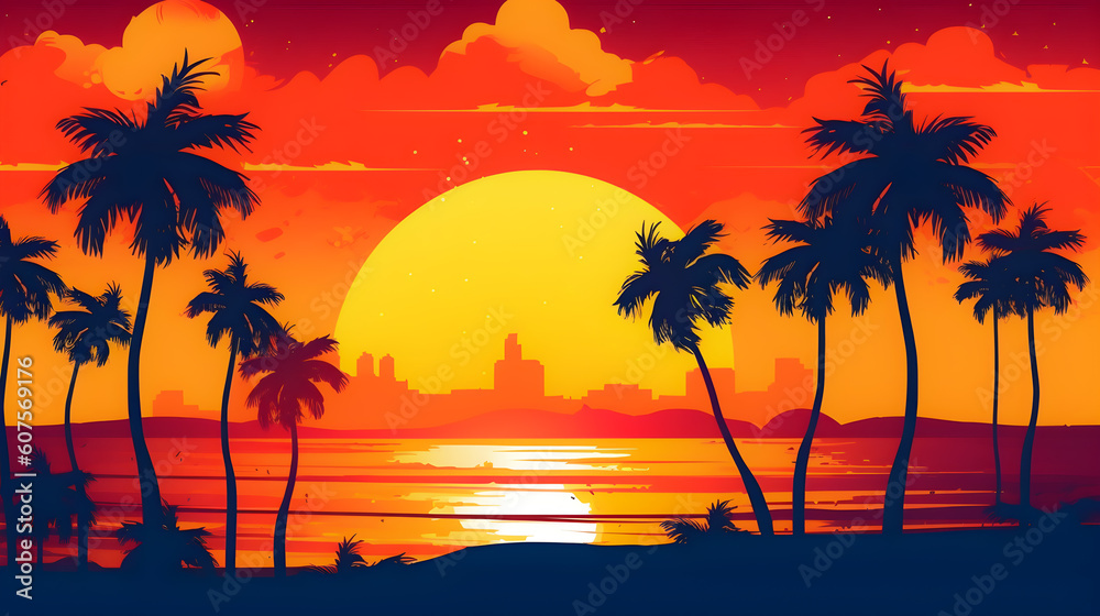 Summer illustration with a beach at sunset, silhouette of palm trees, a city in the background and a sun. Generative ai.