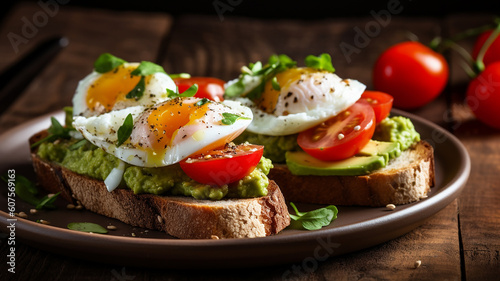 delicious breakfast toast fried with poached egg and avocado .Generaive AI