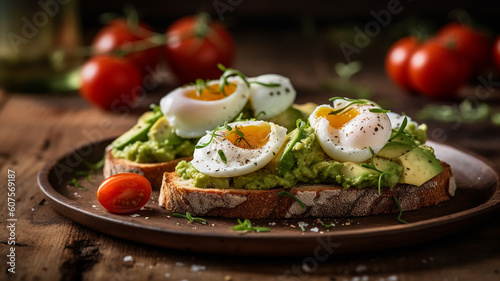 delicious breakfast toast fried with poached egg and avocado .Generaive AI