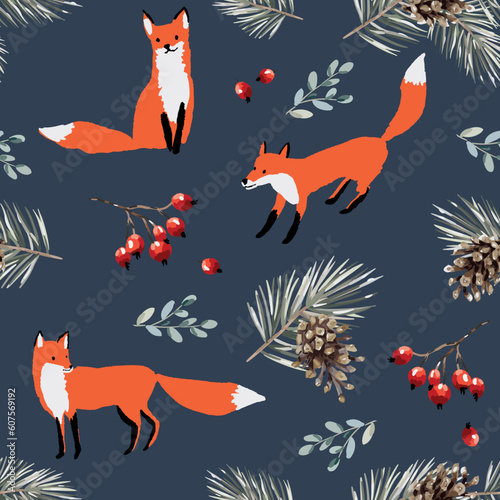 Christmas seamless pattern, fox animals, red berries, fir twigs, cones, dark background. Vector illustration. Nature design. Season greeting. Winter Xmas holidays