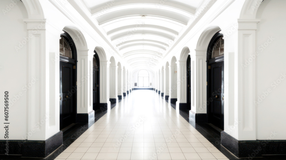 A white corridor, long, symmetrical, and lined with identical Black doors. A harmony of abstract and architectural style emerges, boldly timeless. Generative AI
