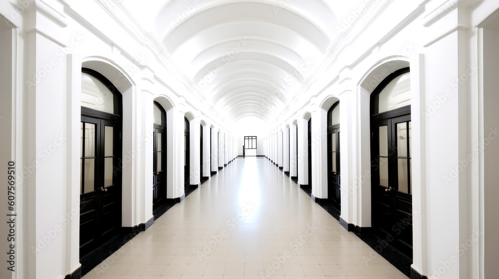 A white corridor, long, symmetrical, and lined with identical Black doors. A harmony of abstract and architectural style emerges, boldly timeless. Generative AI
