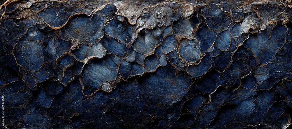 Fossilized ammonite sea shell spirals embedded into dark cobalt blue slate rock. Prehistoric layered and ridged stone texture with detailed surface patterns - generative ai Fossilized ammonite sea shell spirals embedded into dark cobalt blue slate rock. Prehistoric layered and ridged stone texture with detailed surface patterns - generative ai