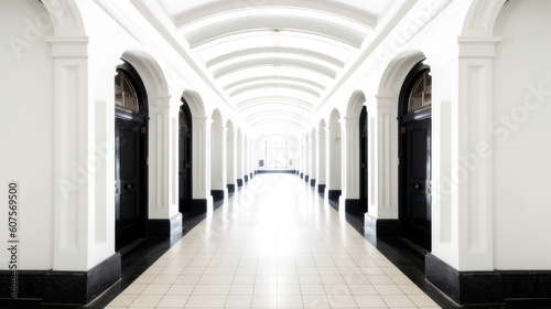 A white corridor  long  symmetrical  and lined with identical Black doors. A harmony of abstract and architectural style emerges  boldly timeless. Generative AI 