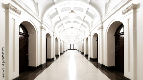 A white corridor, long, symmetrical, and lined with identical Black doors. A harmony of abstract and architectural style emerges, boldly timeless. Generative AI
