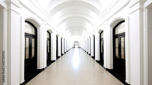 A white corridor  long  symmetrical  and lined with identical Black doors. A harmony of abstract and architectural style emerges  boldly timeless. Generative AI 