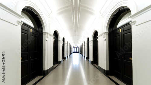 A white corridor, long, symmetrical, and lined with identical Black doors. A harmony of abstract and architectural style emerges, boldly timeless. Generative AI
