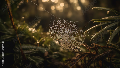 Spider web glistens in dewy autumn forest generated by AI