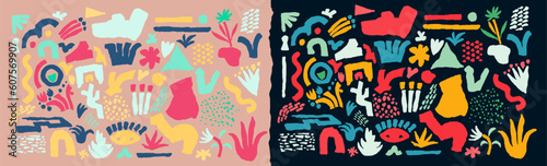 Big set of colored abstract torn paper creative shapes set with grunge and lines, collage shapes, graphic texture for banners, flyers card and posters. Template elements, vector illustration.