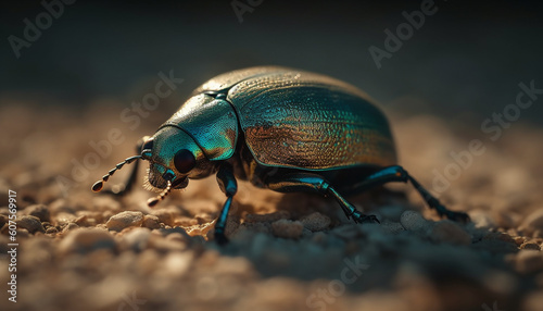 Shiny weevil crawls on green leaf outdoors generated by AI