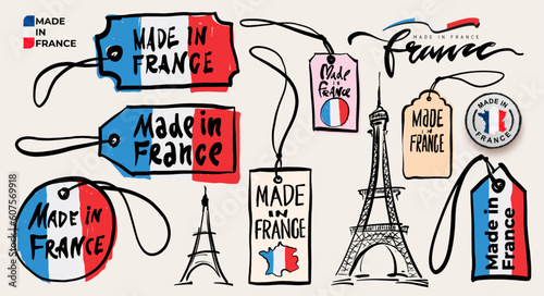 Made in France label set. Logos, labels, stickers, pointer, badge, symbol and page curl with French flag icon on design element. Collection vector illustration. Hand drawing with a brush.