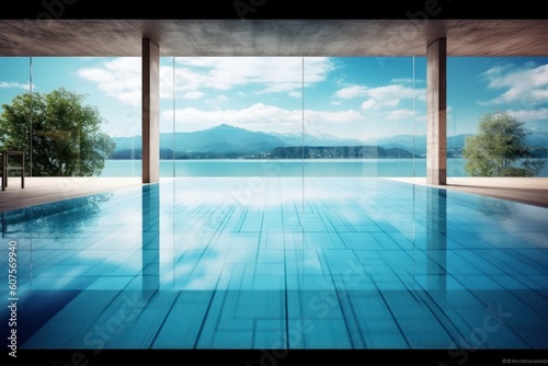 stock photo of swimming pool on the apartment lake view photography Generative AI © NikahGeh
