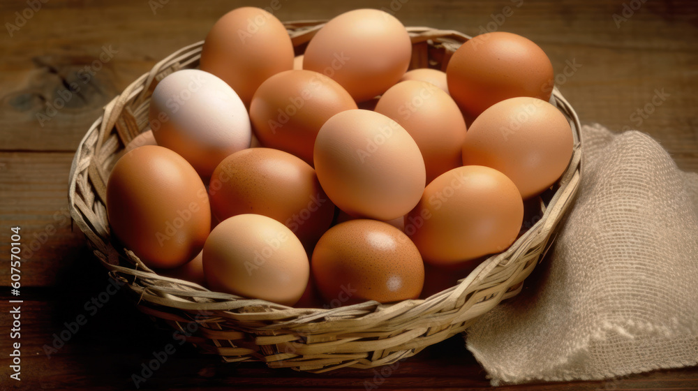 Free-Range Chicken Eggs in Wicker Basket, Farm Fresh Delights Generative AI Free-Range Chicken Eggs in Wicker Basket, Farm Fresh Delights Generative AI