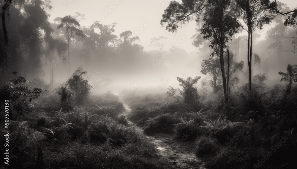 Mysterious mountain range in tranquil monochrome landscape generated by AI Mysterious mountain range in tranquil monochrome landscape generated by AI