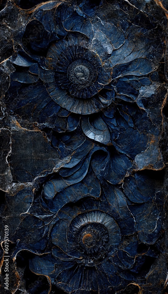 Fossilized ammonite sea shell spirals embedded into dark cobalt blue slate rock. Prehistoric layered and ridged stone texture with detailed surface patterns - generative ai