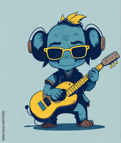 Elefante tocando la guitarra y con auriculares
