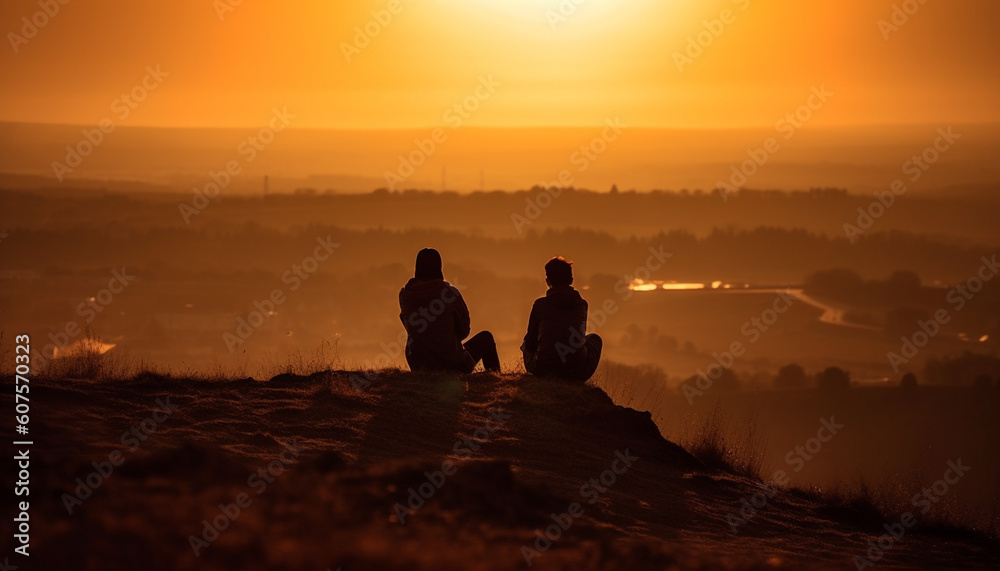 Silhouette of couple embracing in serene sunset generated by AI