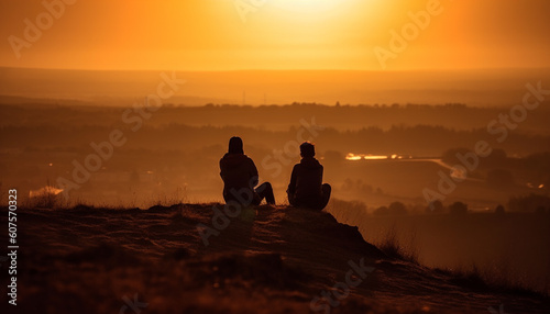 Silhouette of couple embracing in serene sunset generated by AI