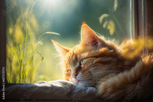 On the windowsill, a cute red cat naps. A bright summer day outdoors. Portrait of a ginger cat at close-up. Generative AI