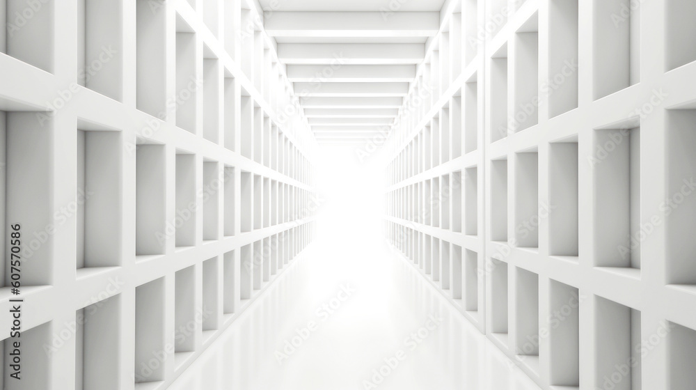 Obraz premium An abstract corridor, white and bright, stretches to infinity. Composed of cubic shapes, its length contrasts its form, an endless dance of geometry. Generative AI