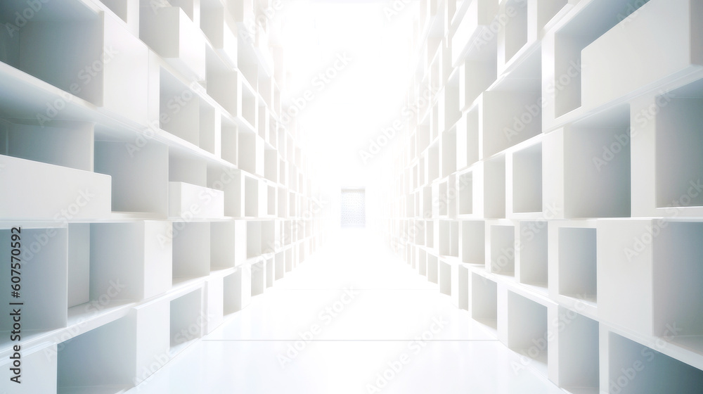 Obraz premium An abstract corridor, white and bright, stretches to infinity. Composed of cubic shapes, its length contrasts its form, an endless dance of geometry. Generative AI