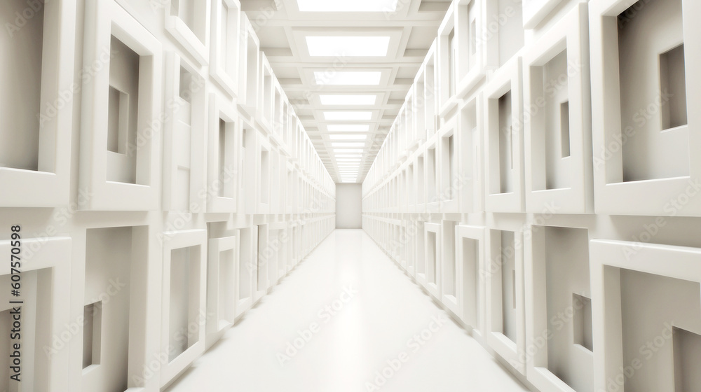 Obraz premium An abstract corridor, white and bright, stretches to infinity. Composed of cubic shapes, its length contrasts its form, an endless dance of geometry. Generative AI