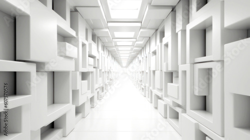 An abstract corridor  white and bright  stretches to infinity. Composed of cubic shapes  its length contrasts its form  an endless dance of geometry. Generative AI