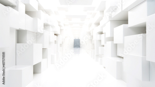 An abstract corridor  white and bright  stretches to infinity. Composed of cubic shapes  its length contrasts its form  an endless dance of geometry. Generative AI