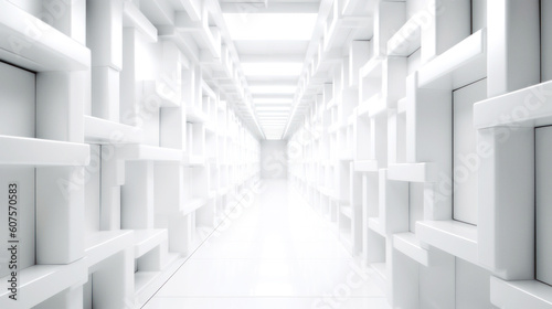 An abstract corridor  white and bright  stretches to infinity. Composed of cubic shapes  its length contrasts its form  an endless dance of geometry. Generative AI