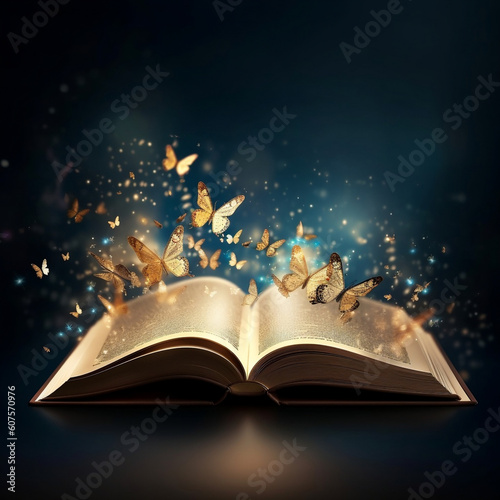 Enchanting Open Book with Golden Butterflies and Sparkles - Wide Banner Design, generative AI