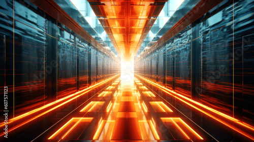 Future digital data center corridor, bright and symmetrical, dominates the frame. Its length, a dazzling show of data, crafts a canvas of perfect symmetry. Generative AI 