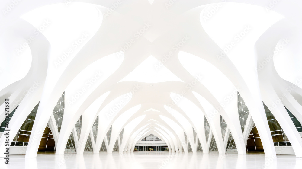 Fototapeta premium A low angle view captures a modern, organic architecture concept. Its symmetrical grandeur, all in white, dominates the frame. Abstract and architectural fusion: a sight to behold. Generative AI 