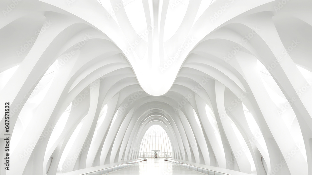 A low angle view captures a modern, organic architecture concept. Its symmetrical grandeur, all in white, dominates the frame. Abstract and architectural fusion: a sight to behold. Generative AI
