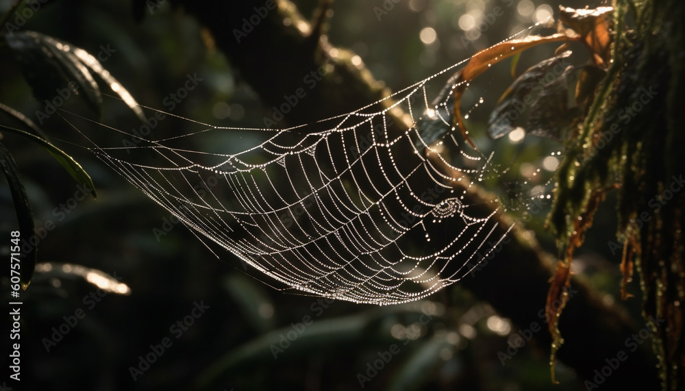 Spider web glistens with dew in forest generated by AI