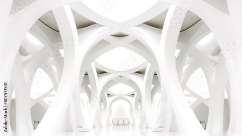 A low angle view captures a modern, organic architecture concept. Its symmetrical grandeur, all in white, dominates the frame. Abstract and architectural fusion: a sight to behold. Generative AI 
