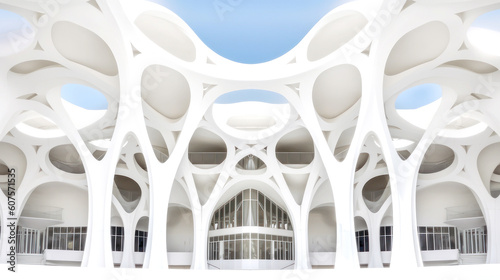 A low angle view captures a modern, organic architecture concept. Its symmetrical grandeur, all in white, dominates the frame. Abstract and architectural fusion: a sight to behold. Generative AI
