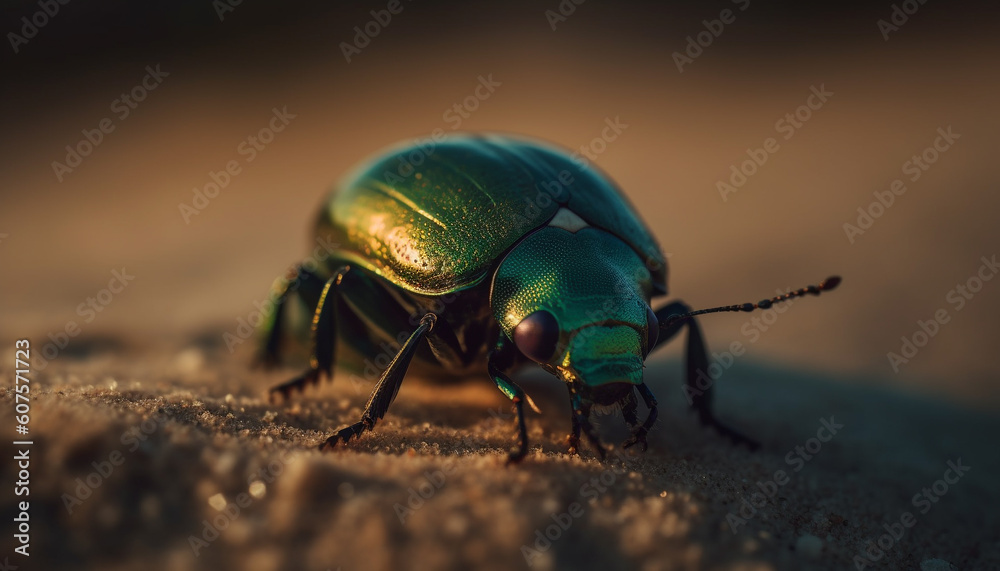 Small scarab beetle crawling on green leaf generated by AI Small scarab beetle crawling on green leaf generated by AI