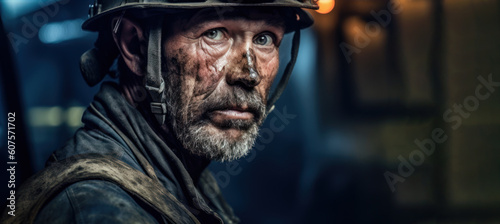 Caucasian man with face dirty, helmet on his head, dark background space for text right, to emphasise deep mine - natural resource miner,hard working conditions mining industry. Generative AI