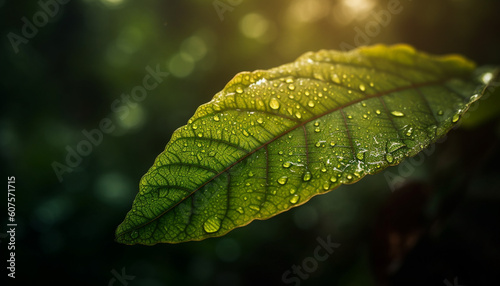 Fresh green leaf with dew drop reflection generated by AI