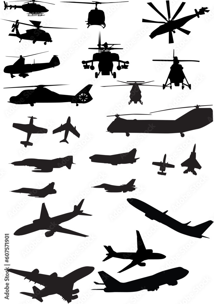 Obraz premium assorted helicopter and airplane silhouettes in black