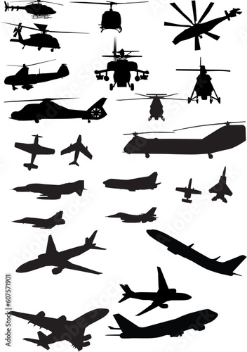 assorted helicopter and airplane silhouettes in black