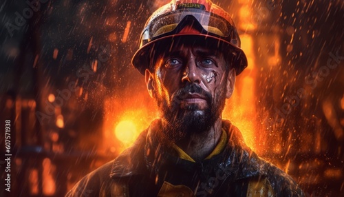 A working man in a protective suit on the background of a fire  a firefighter on an oil rig  oil and gas production at an industrial facility. Generative AI.